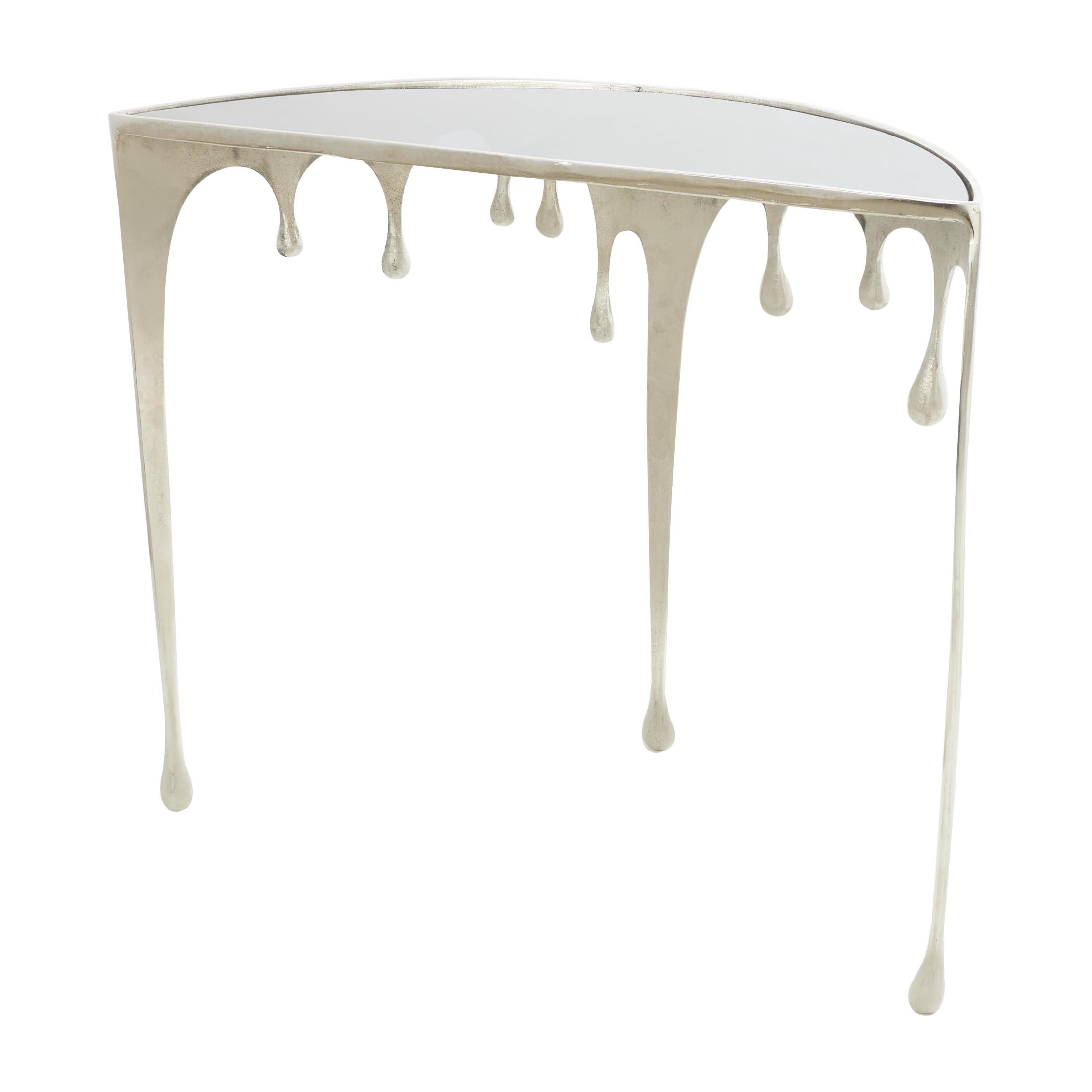 DecMode 36" x 32" Silver Aluminum Metal Half Moon Drip Abstract Console Table with Melting Designed Legs and Black Glass Top, 1-Piece