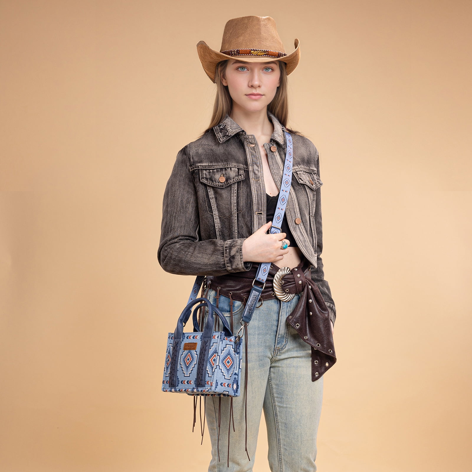 Wrangler Mini Tote Bag Small Top Handle Bag Ladies Woven Satchel Handbag, Jean