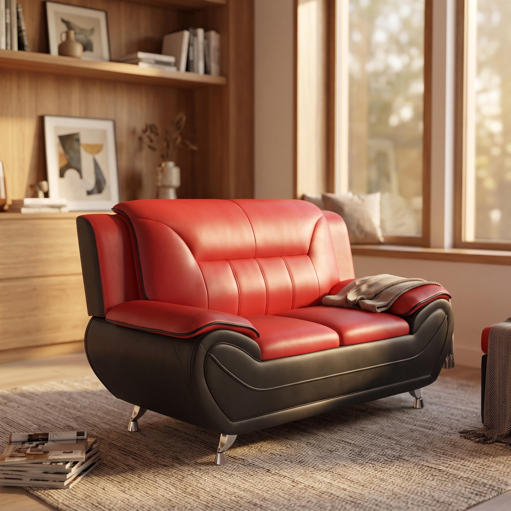 Wakefit 61"W Modern Faux Leather Loveseat,Upholstered 2-Seater Sofa Couch with Stainless Steel Legs for Living Room,Apartments,Red & Black