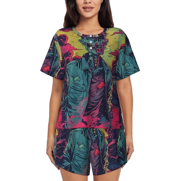 Fotbe Neon Zombie Skull Conjunto de Pijama Estampado para Mujer, 2 Piezas, Ropa de Dormir con Camiseta de Manga Corta y Shorts Suaves-4X-Large
