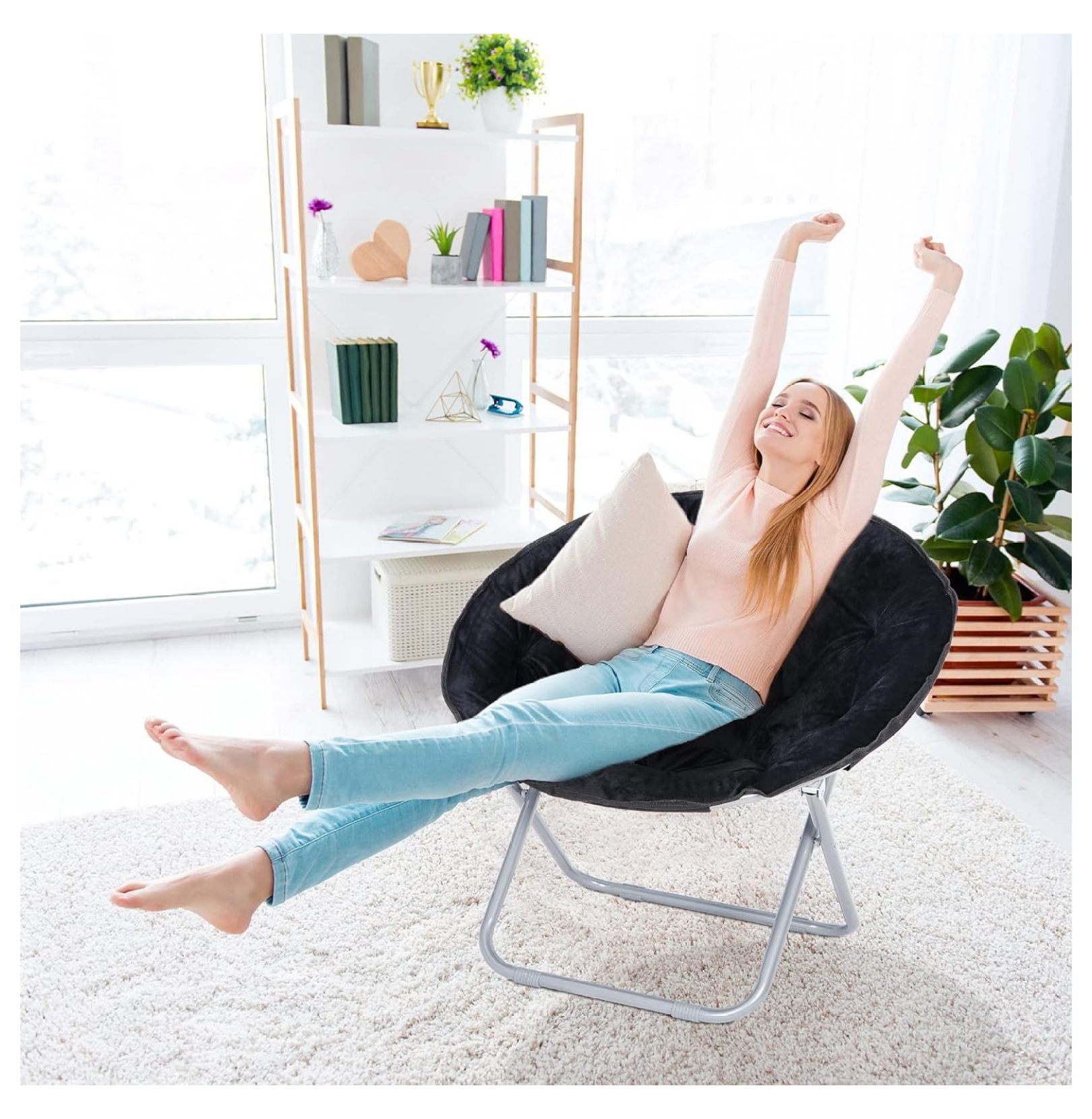 Faux Fur Moon Chair, Folding Saucer Chair for Adults, Portable Lounge Chair for Bedroom, Dorm, Patio - Black