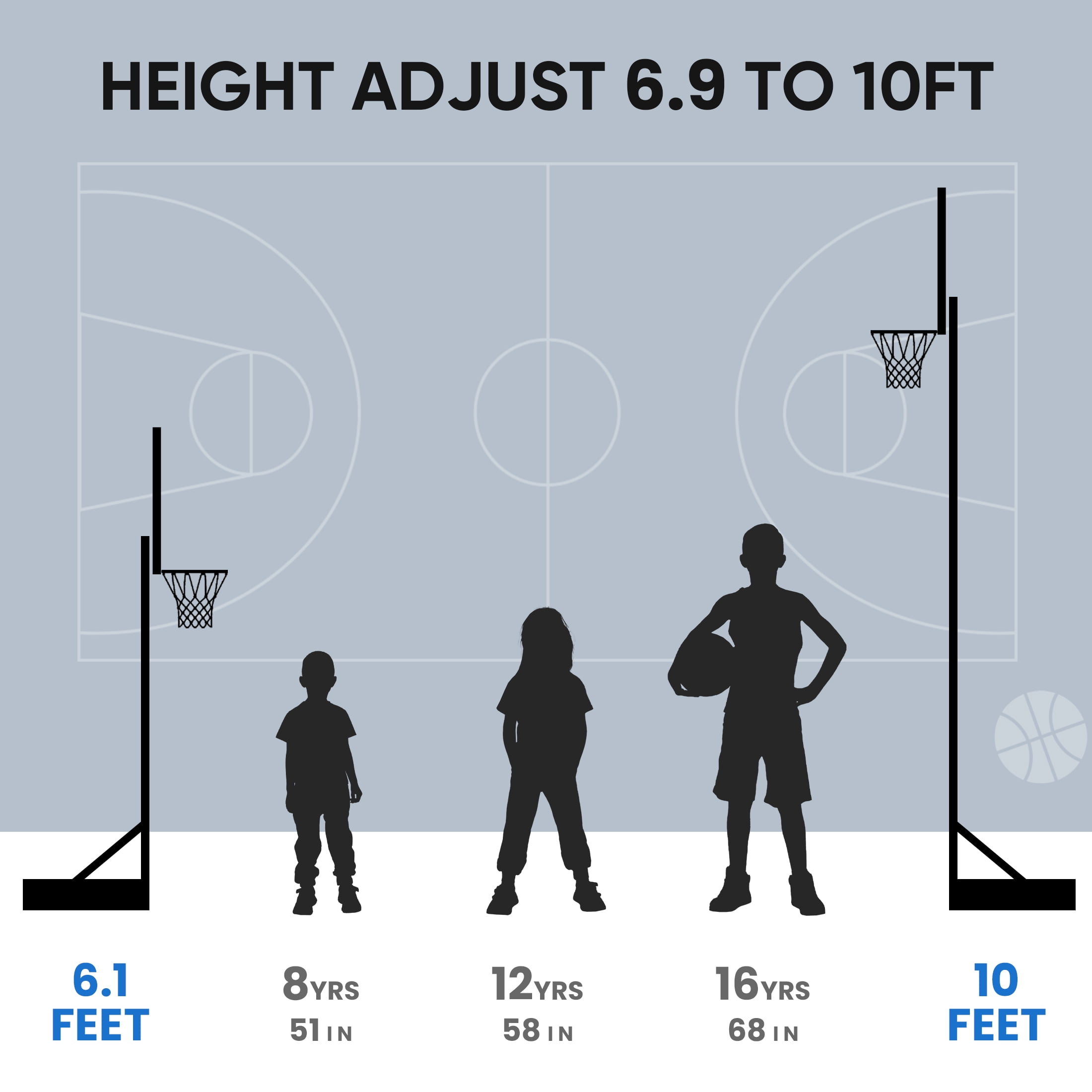MCQ Adjustable Outdoor Basketball Hoops with 44-inch Durable Backboard, Adjustable Height 4.9 ft. to 10 ft. for Family Fun and Skills Training