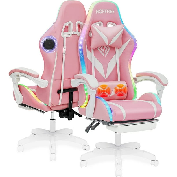 Hoffree Pink Gaming Chair with Speakers Office Chair with Footrest and LED Lights Ergonomic