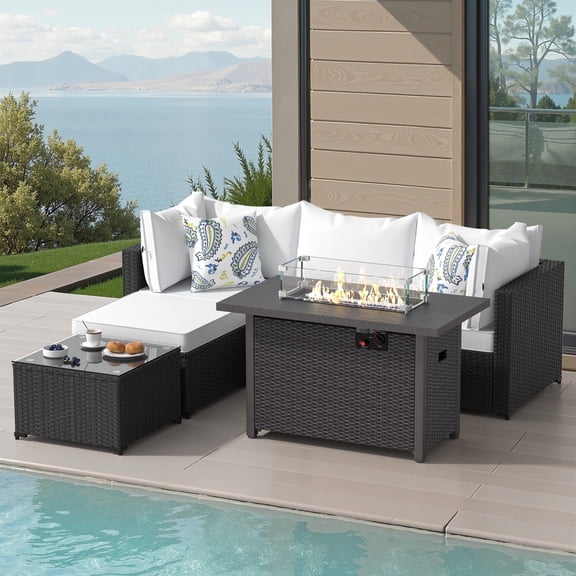 6 PCS Patio Furniture Sets w/ 42" Fire Pit Table Outdoor Conversation Sectional Sofa w/ 50000 BTU Propane Fire Pit Weaving Wicker Rattan Patio Conversation Set With Ottoman, Cushion And Coffee Table