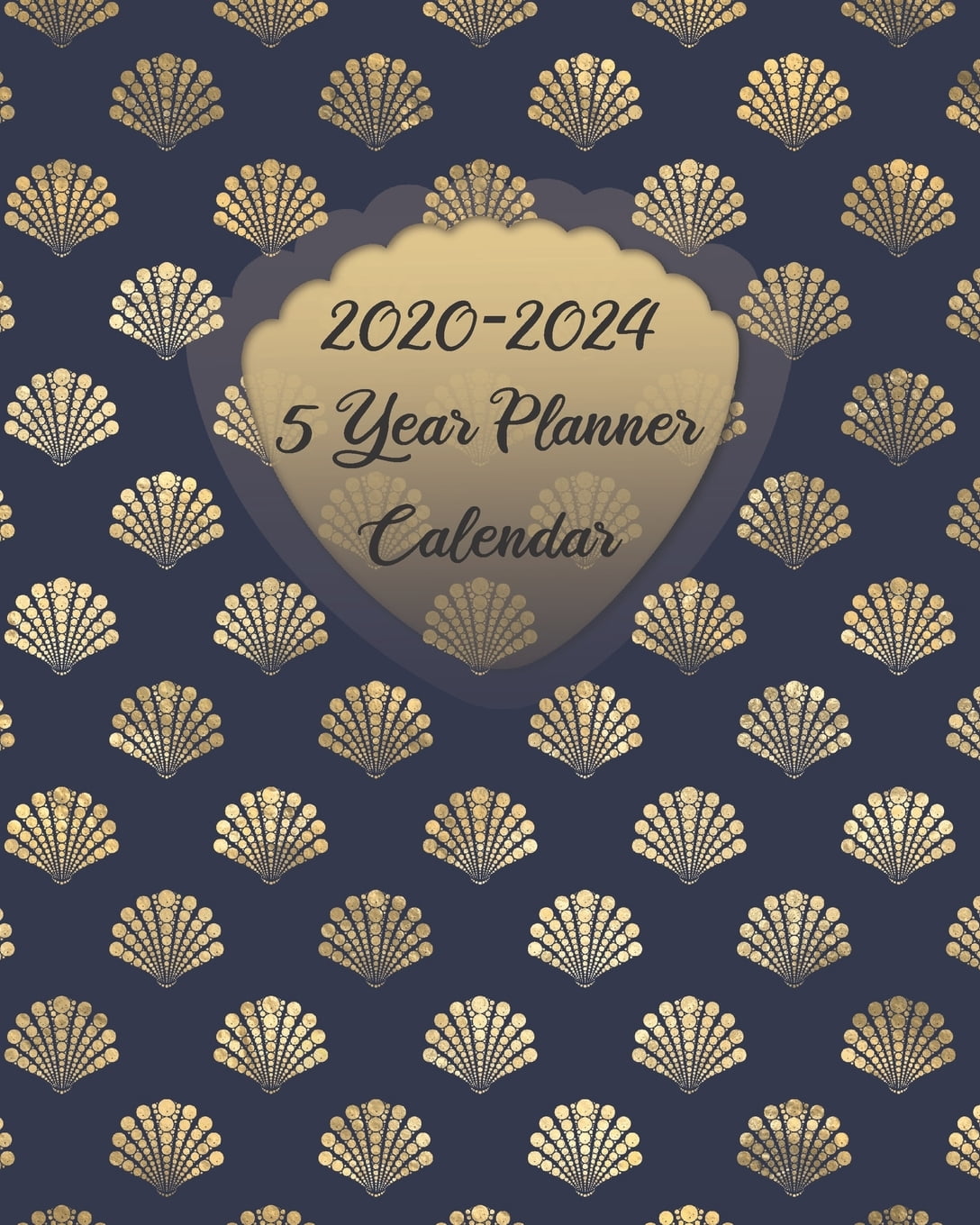 2020 2024 5 year planner calendar dark blue gold sea shells design 