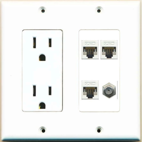 Ultra Spec Cables 15A Power Outlet 3 Cat5e and 1 Coax Cable TV Wall Plate