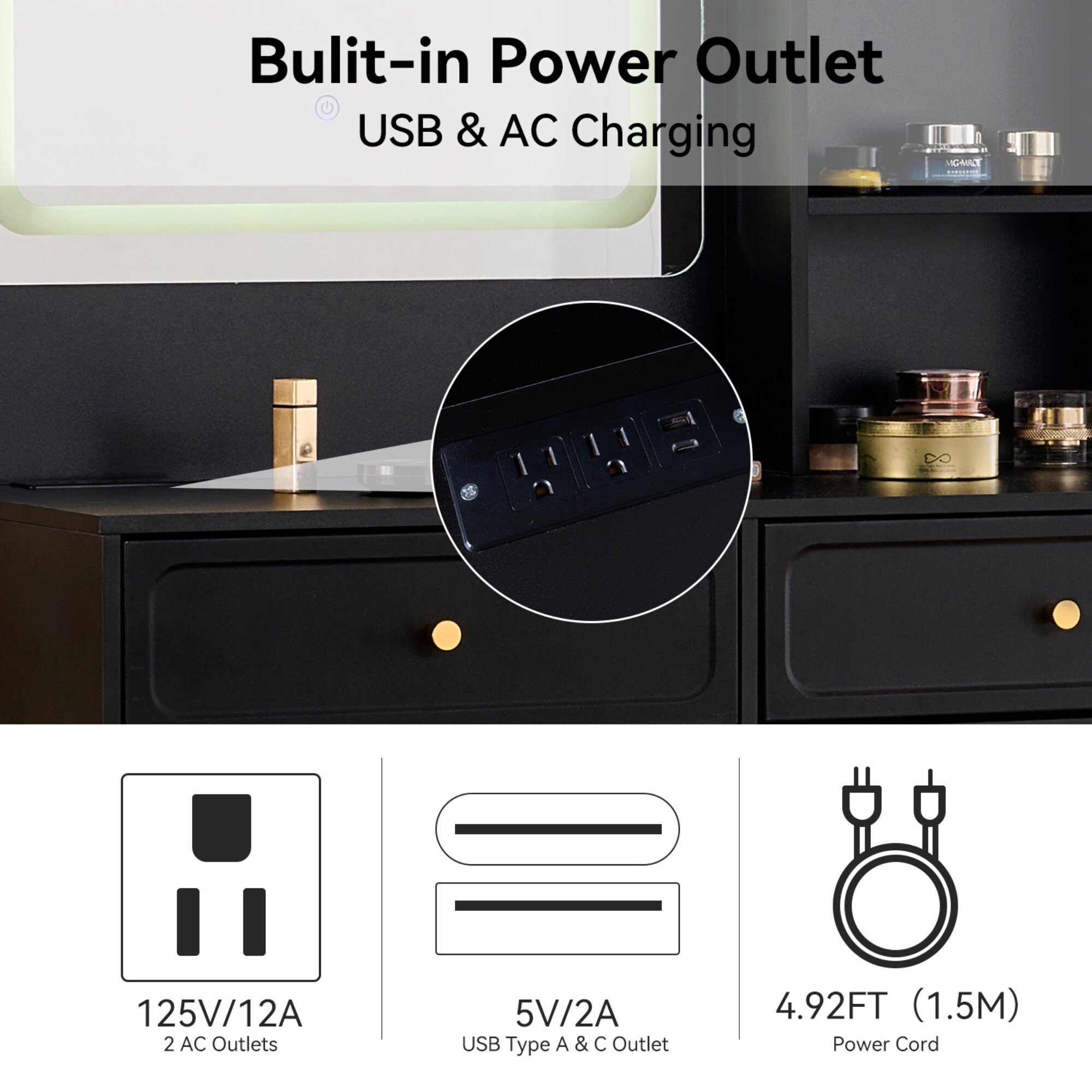 AENKYO Vanity Desk with LED Mirror, Built-in Outlets & Adjustable Cabinet, Modern Makeup Table with Stool, Black