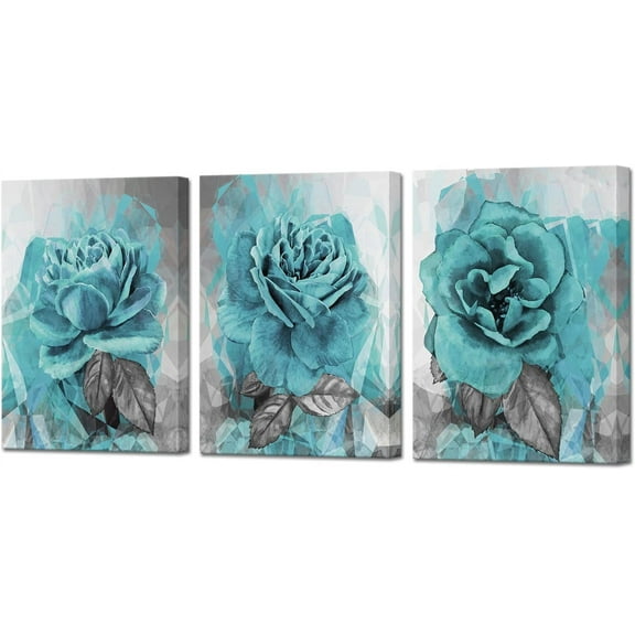 Teal Blue Flower Wall Art Turquoise Rose Painting Canvas Print Bedroom Decor Still Life 3 Pieces Home Decor Modern Black and White Floral Pictures for Bathroom Kitchen Living Room Ready to Hang