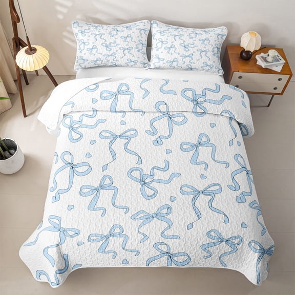 Manfei Blue Girly Bow Twin Quilt Set For Girls,Cartoon Heart Print Twin Coverlet Set For Kids,2 Pieces