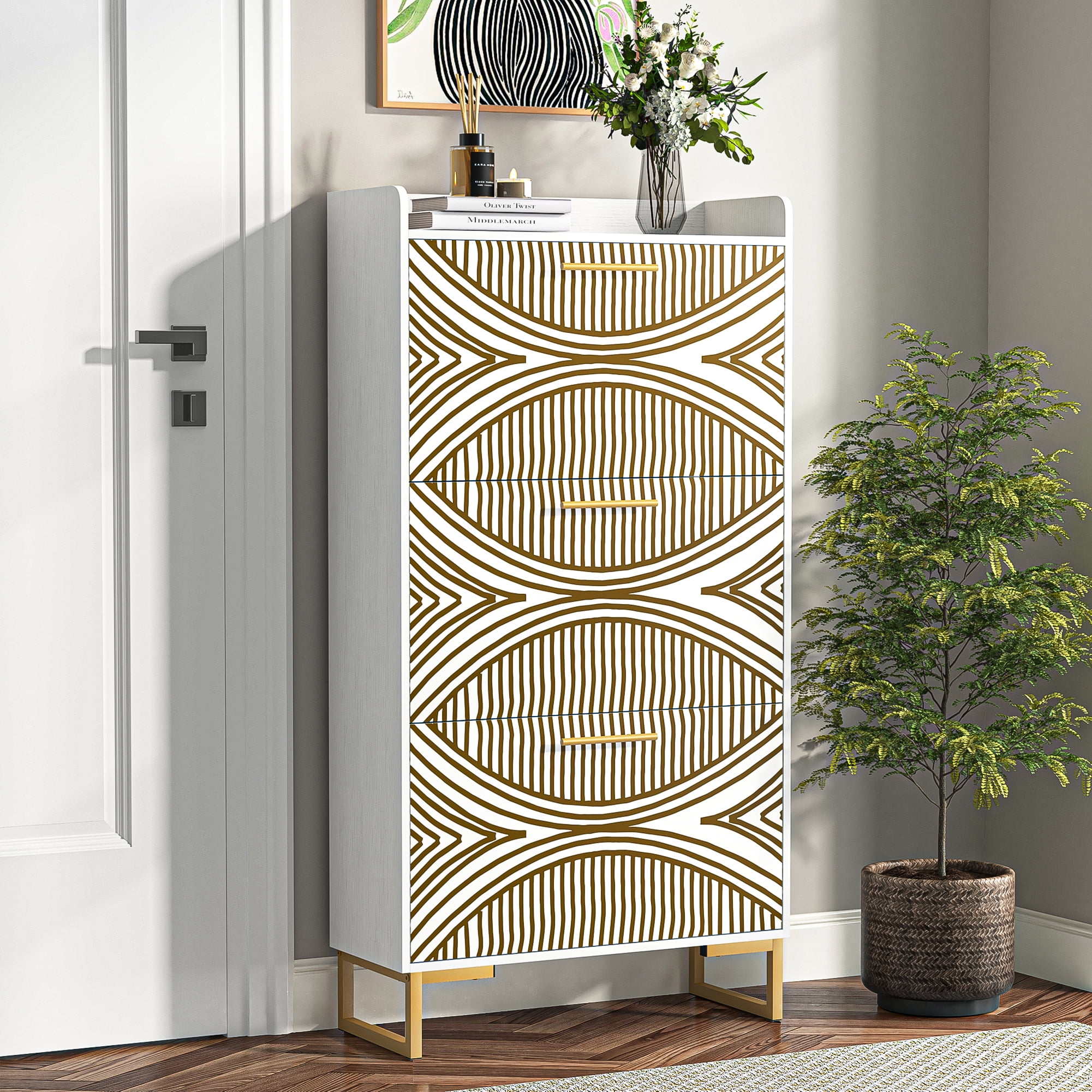 Spaco 3-Flip Drawers Shoe Rack Shoe Storage Cabinet for Entryway Slim Pattern, Beige