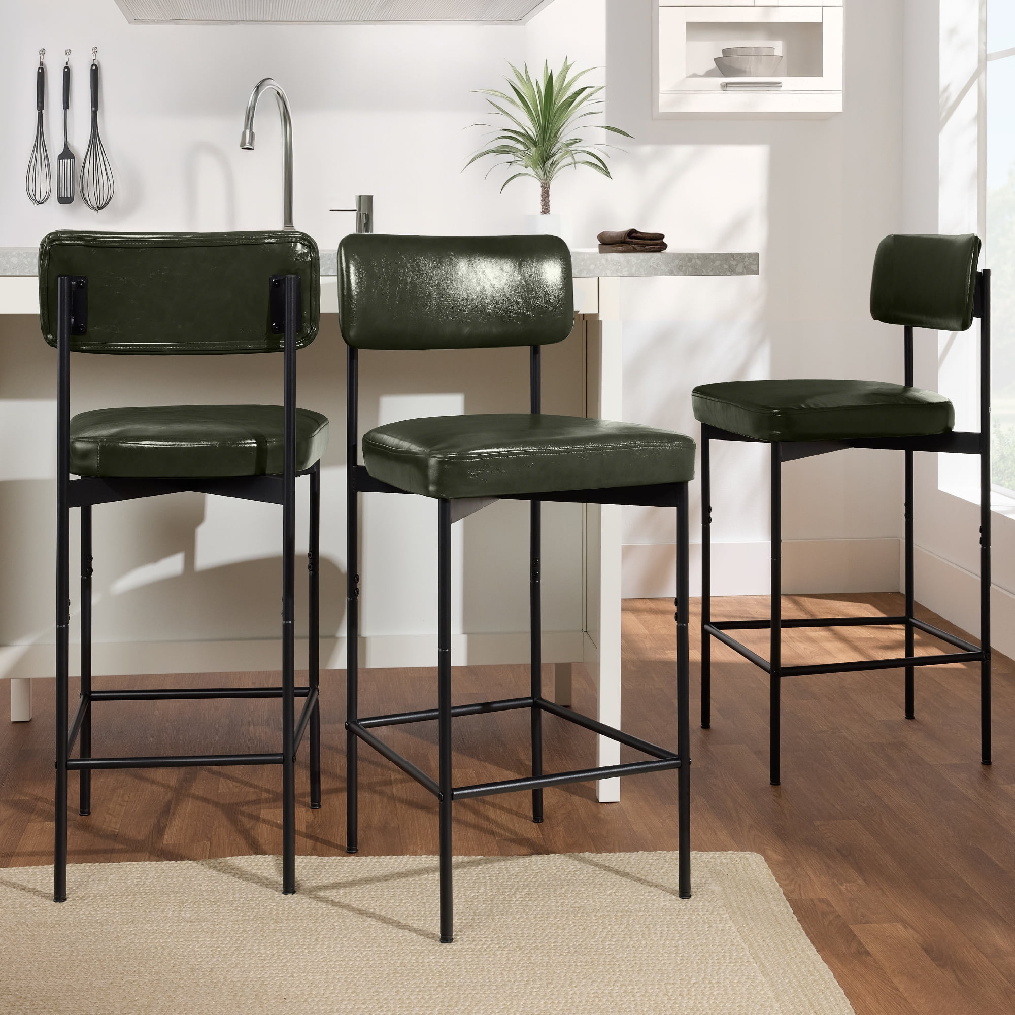 Best Choice Products Set of 3, Armless Counter Height Bar Stools, Modern PU Faux Leather Stools - Moss Green