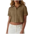 thumbnail image 3 of TaTaai Women's Short Sleeve Crop Shirt with Button-Down Collar, Patch Pockets, Rolled Tab Sleeves, and Casual Modern Fit Gift, 3 of 7