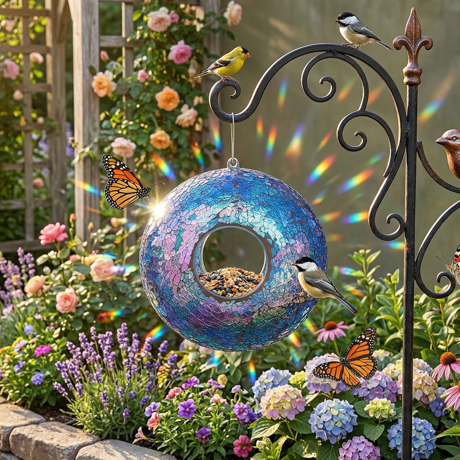 a ting garden hanging bird feeder mosaic circle for outdoor decoration,blue