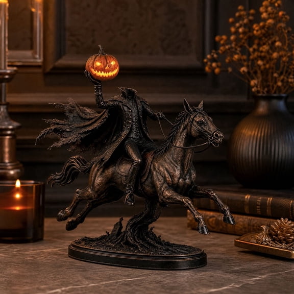 Headless Horseman Statue with Light Up Pumpkin, Legend of Sleepy Hollow Resin Figurine, Gothic Halloween Decor