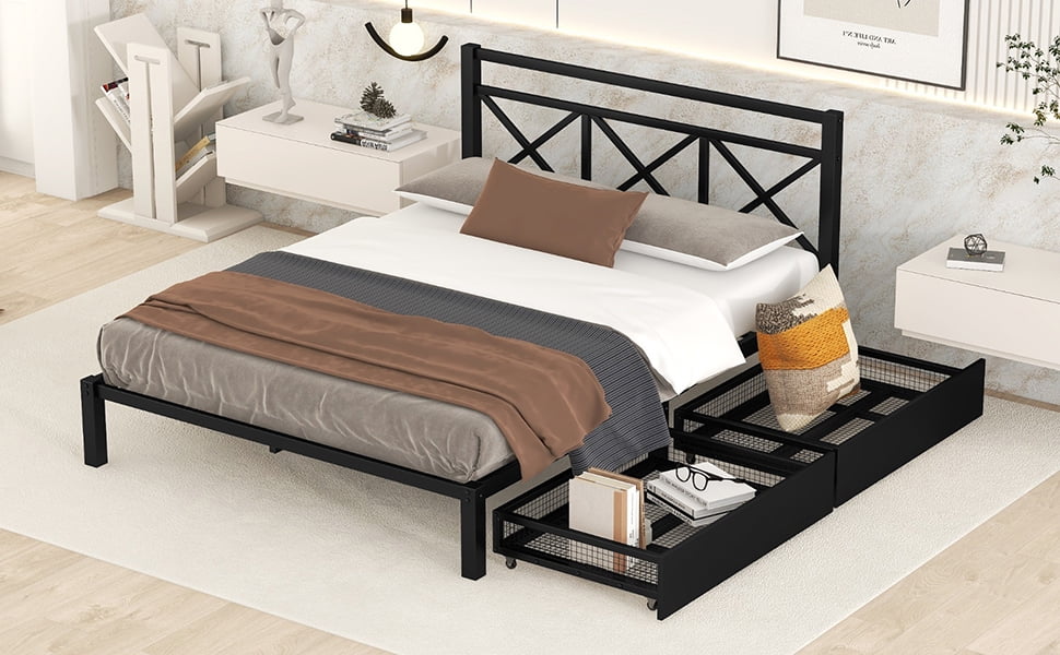 Euroco Metal Twin Size Platform Bed with Two Drawers for Kids Room, Black