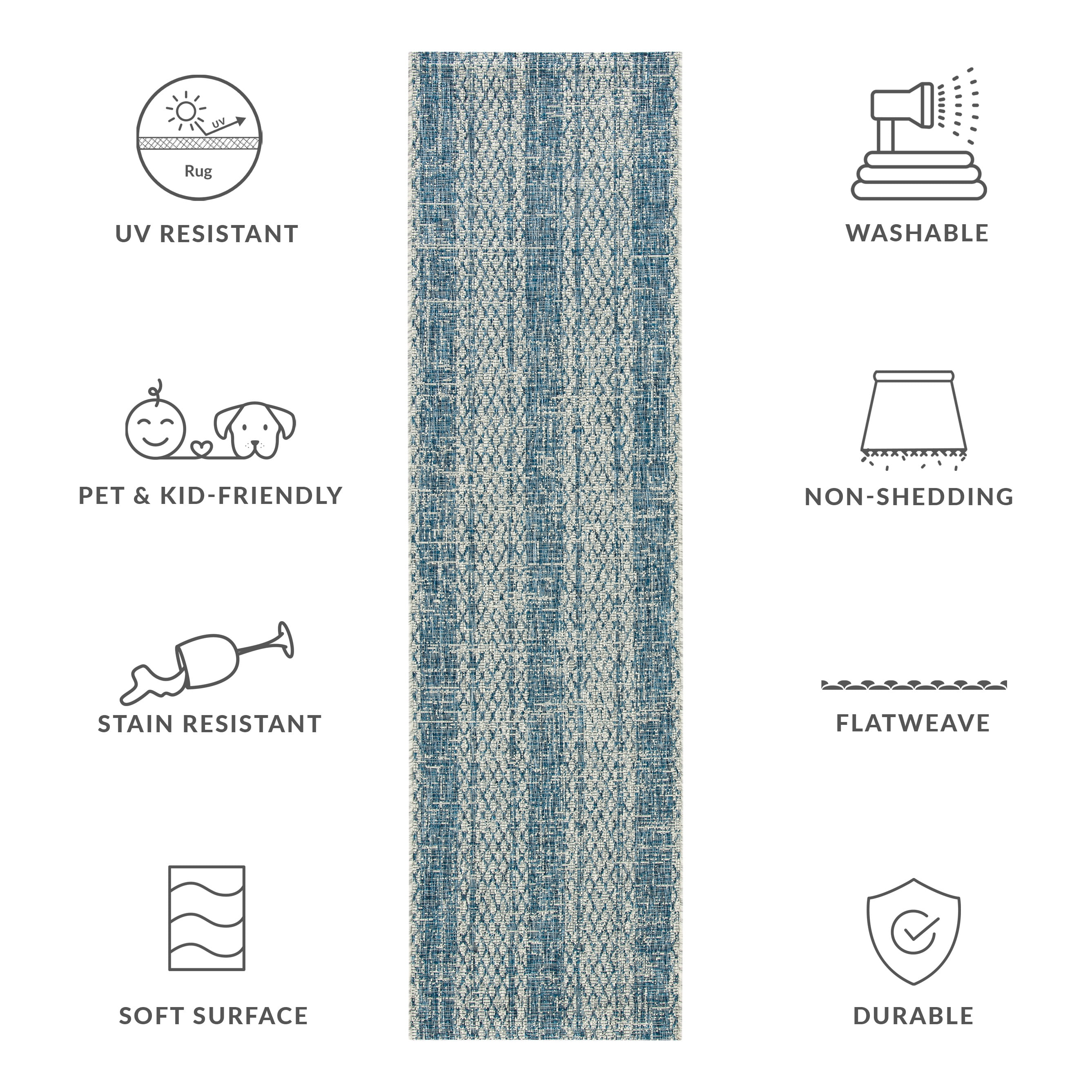 SAFAVIEH Courtyard Robert Striped Indoor/Outdoor Runner Rug, Light Grey/Blue, 2'3" x 10'
