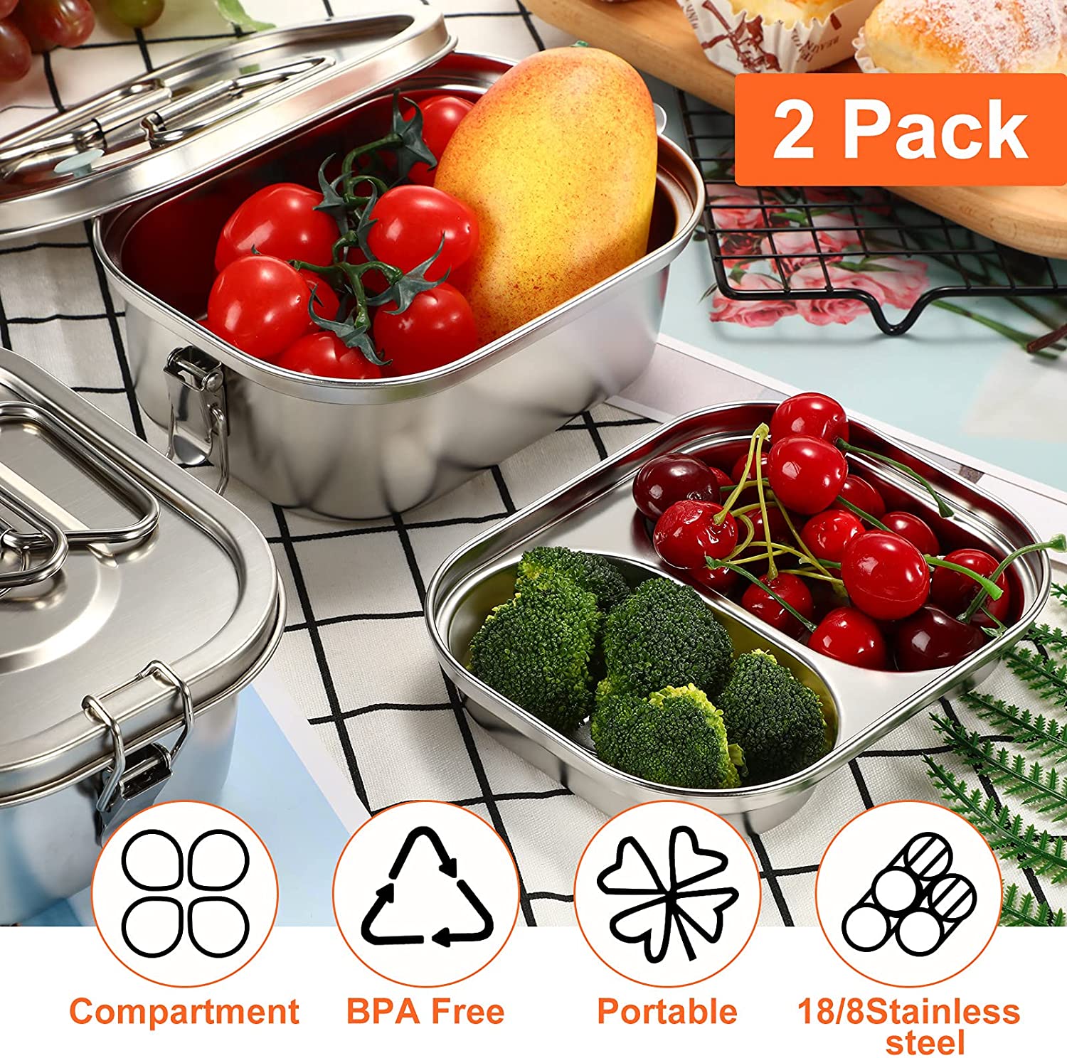 2 Pieces Metal Bento Box for Adults Metal Lunch Box Stainless Steel Bento Containers Leakproof Dual Tiers Lunch Container With Airtight Valve Handle Dishwasher Safe