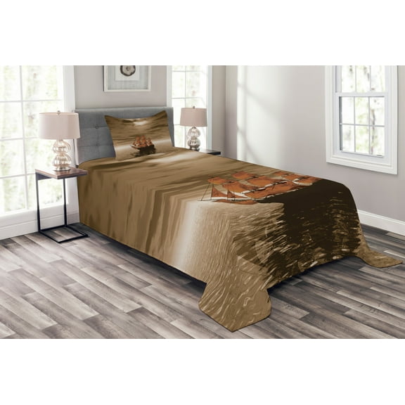 Ambesonne Nautical Quilted Bedspread Set 2 Pcs, Lonely Ship Sailing, Twin Size, Pale Brown Amber