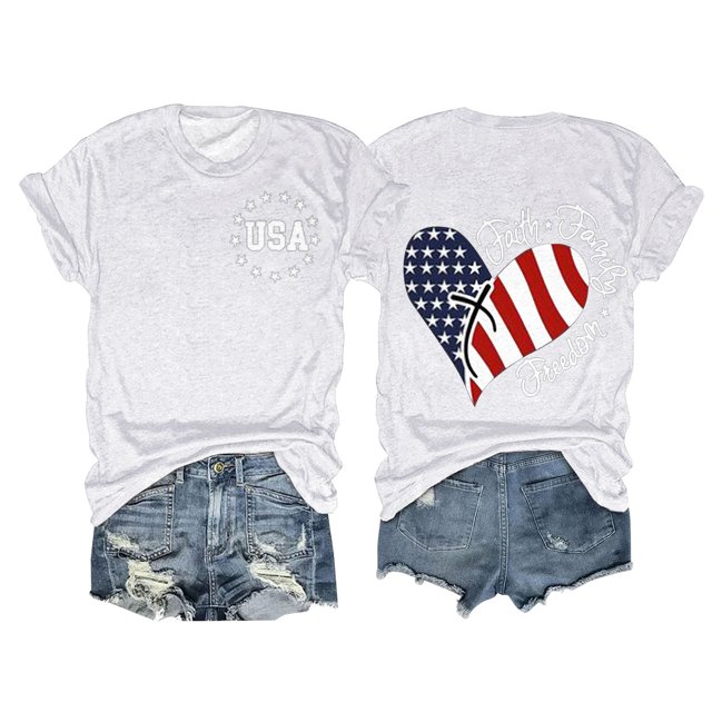 Hauts d'Été pour Femmes, Tenues de 4 Juillet 2024 Mode Féminine Col Rond Manches Courtes Jour de l'Indépendance Drapeau Américain Imprimé Liberté Familiale Chemise Blanche