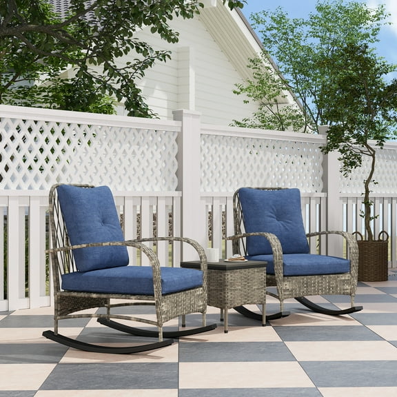 Outsunny 3 Piece Patio Furniture Set, Wicker Rocking Chairs with Coffee Table, Cushions, Outdoor Bistro Set for Porch, Garden, Gray