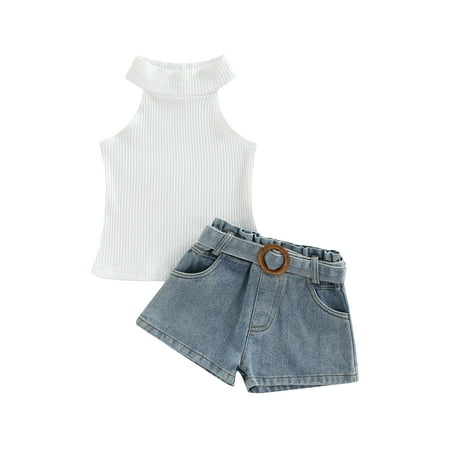 

Sunisery Kids Baby Girls Outfits Set Sleeveless High Neck Vest with Denim Shorts Waist Belt Summer Clothes White 4-5 Years