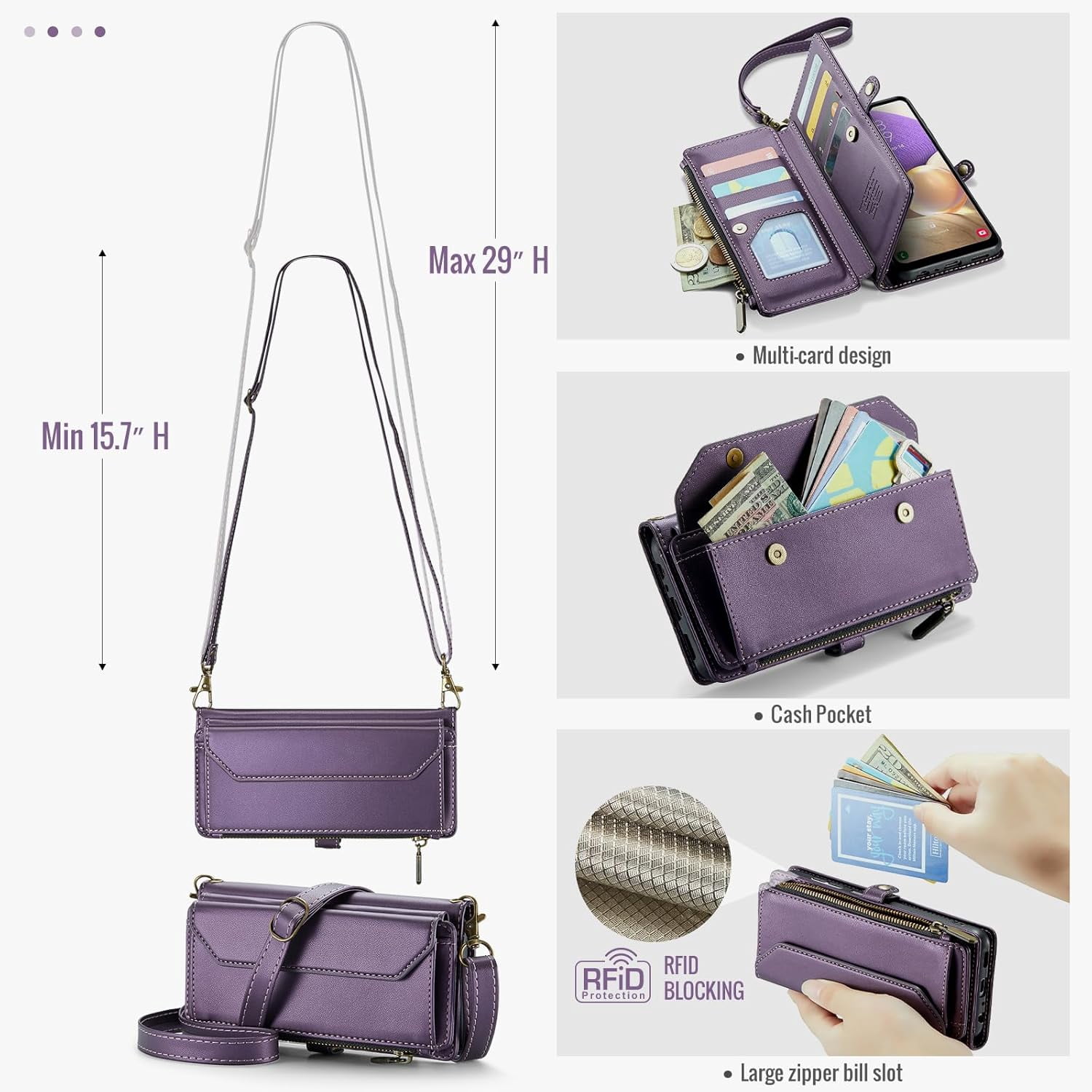 Phone Case for Samsung Galaxy A32 5G 2021 6.5 inch Zipper Wallet Cover with Tempered Glass Screen Protector Flip RFID Blocking Card Holder Cell M32 G5 A 32 32A S32 SM-A326U A326U Women Purple