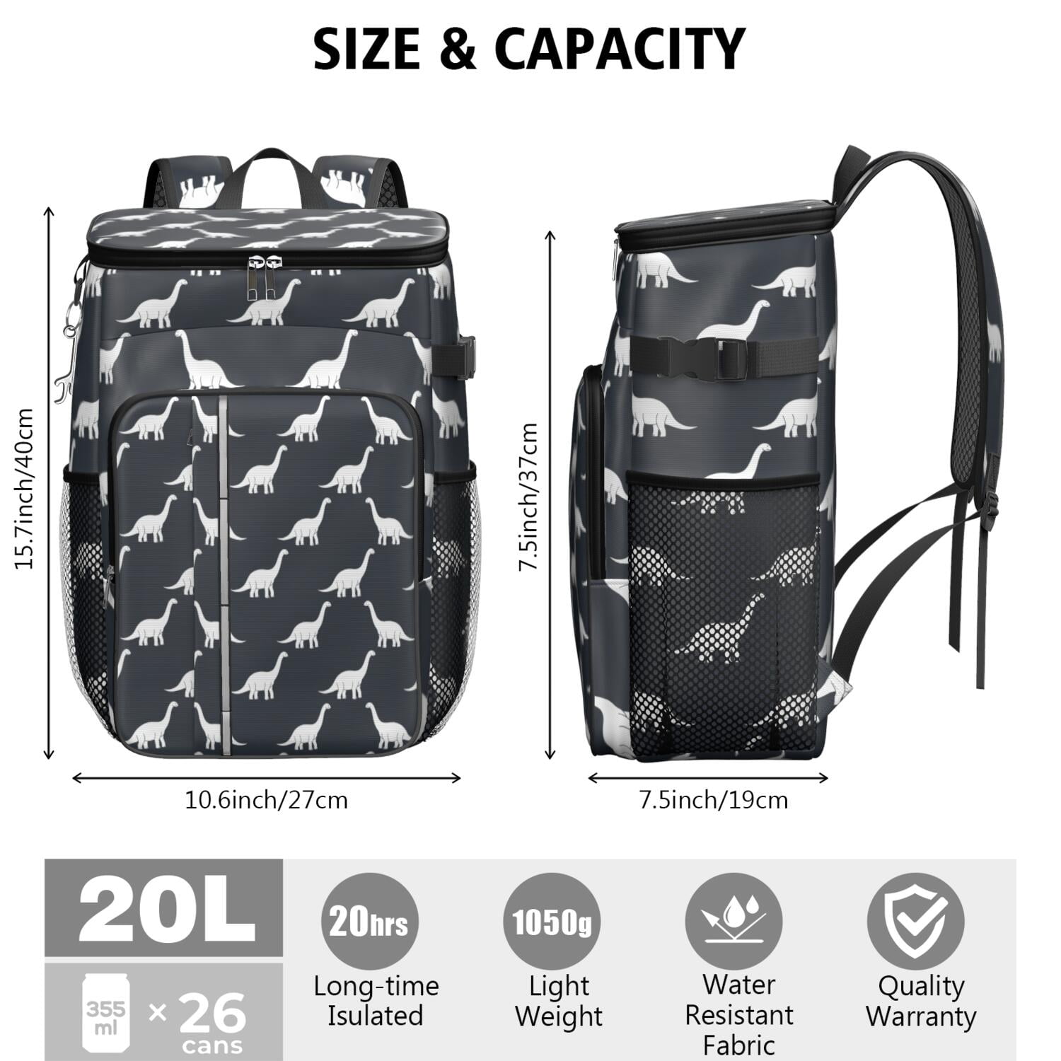 Travel Cooler Bag - Dark Blue Dinosaurs Silhouette Pattern Camping Beer Cooler Backpack with Bottle Opener- Waterproof Insulated Picnic Backpacks - Cooler Bag for Beach
