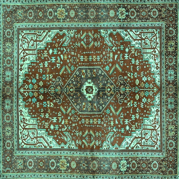 Ahgly Company Indoor Square Medallion Turquoise Blue Traditional Area Rugs, 8' Square