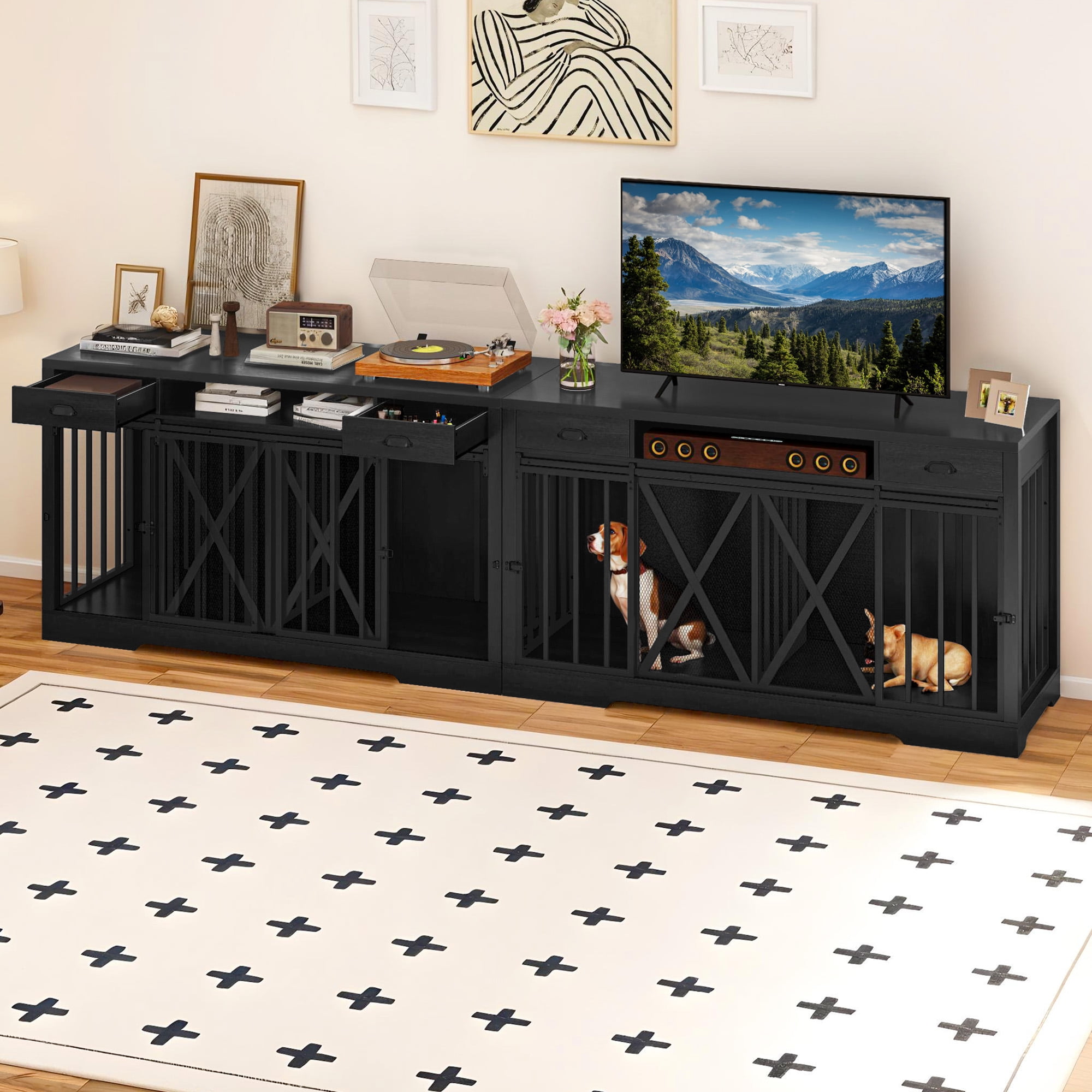 Uforic 63" Dog Crate Furniture with 2 Drawers,TV Stand with Charging Station 63" Large Wooden Indoor Dog Kennel - Gray