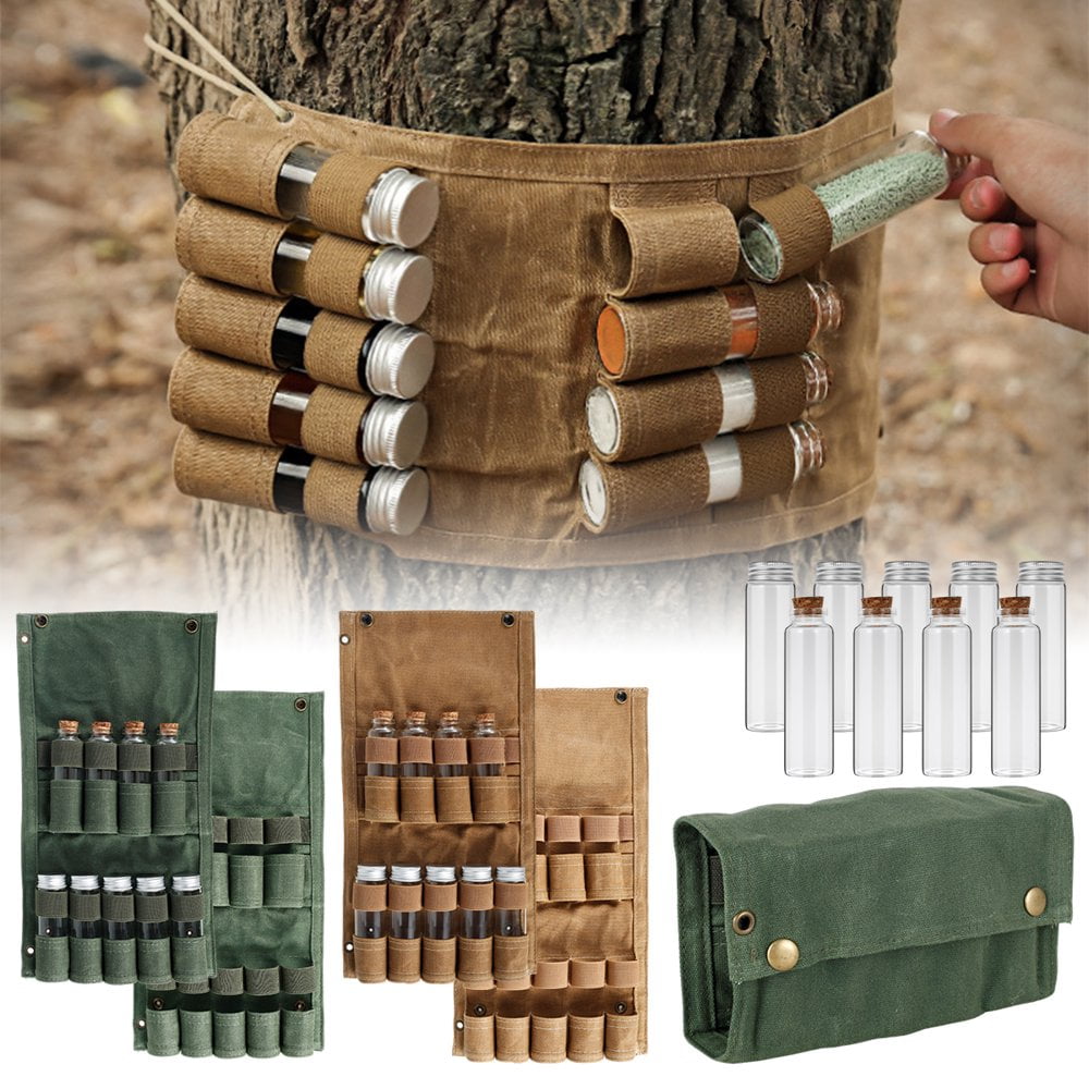 Borsa Porta Spezie Da Esterno Con 9 Barattoli In Vetro, Pieghevole In Tela, Con Cordino Per Appendere, Color Cachi - 2