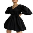 thumbnail image 2 of Robe Mini à Manches Bouffantes Mi-Longues pour Femmes Col en V Taille Haute Robe Courte à Volants, 2 of 6