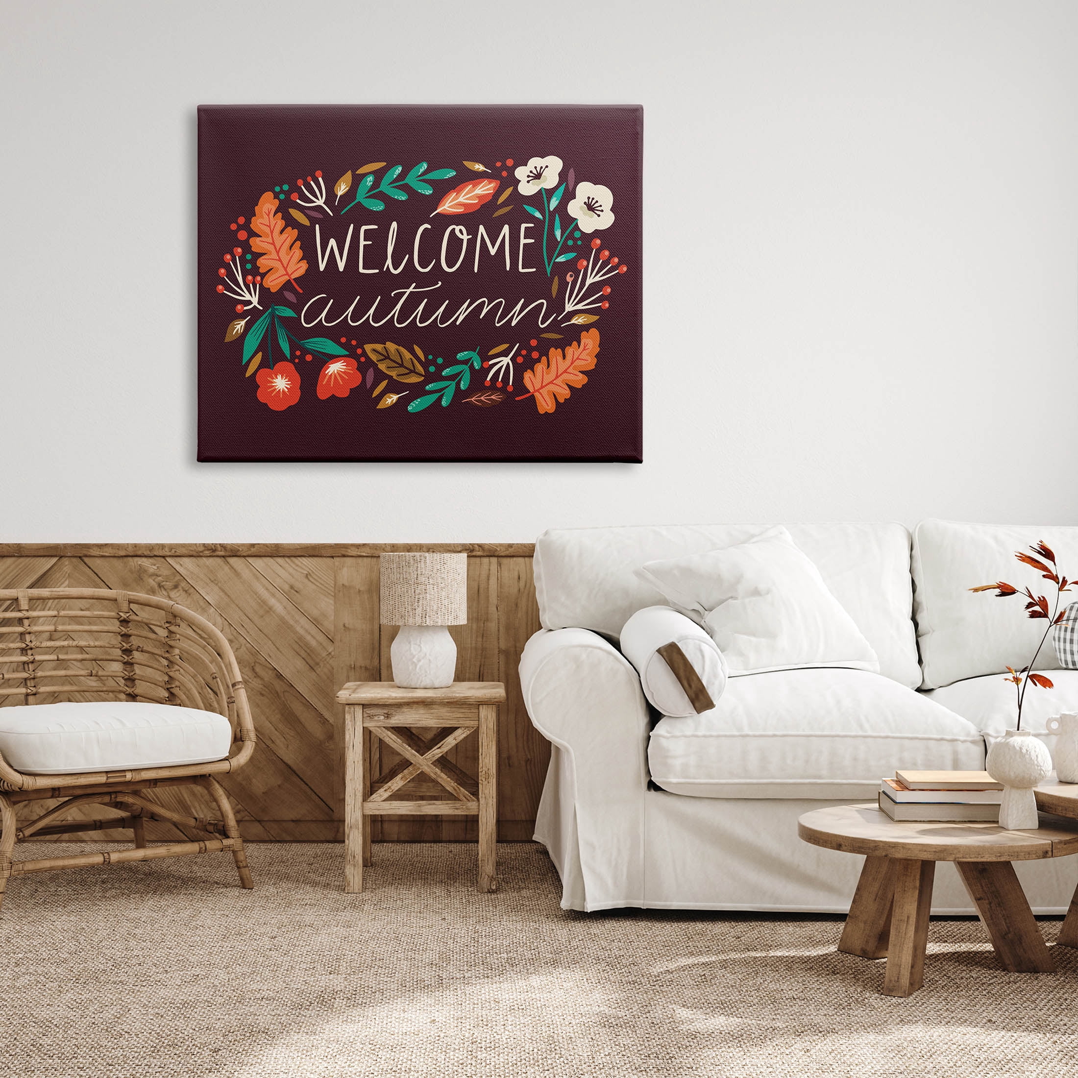 Welcome Autumn Fall Botanicals Holiday Graphic Art Gallery Wrapped Canvas Print Wall Art