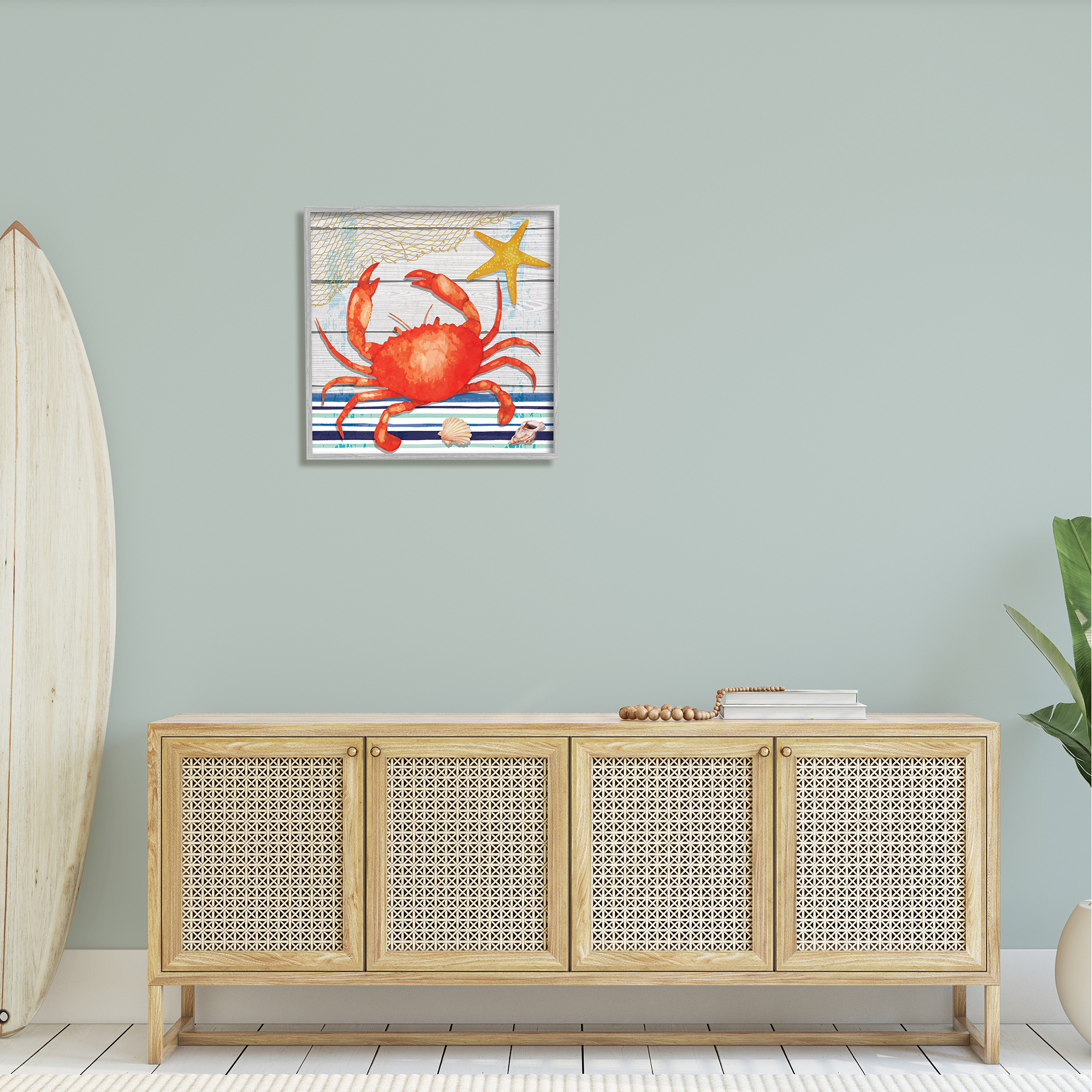 Stupell Nautical Striped Red Crab Sea Life Landscape Painting Gray Framed Art Print Wall Art