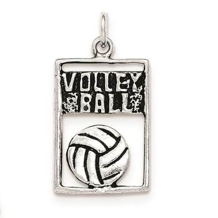925 Sterling Silver Antiqued Volleyball Rectangle Polished Flat Charm Pendant