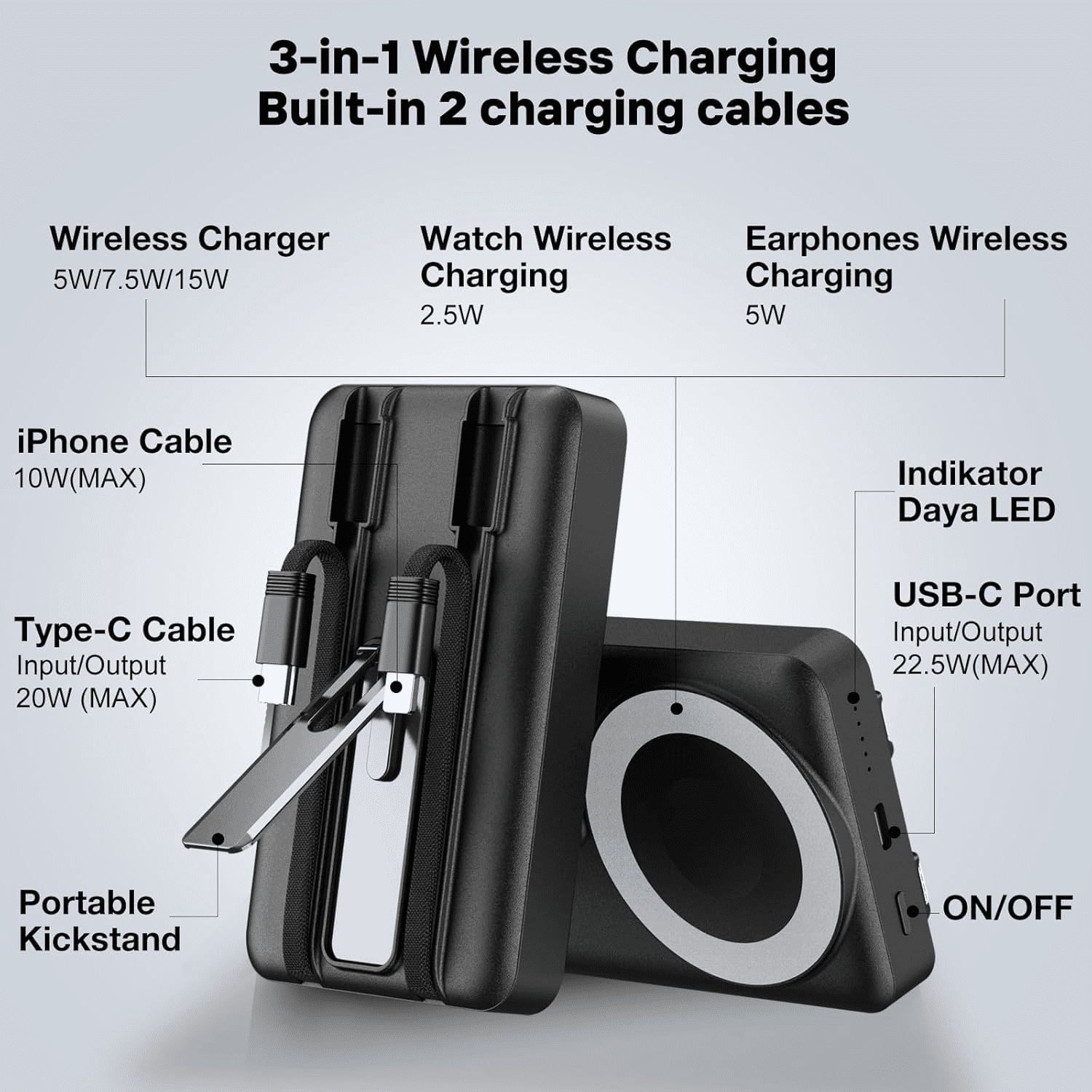 2 Pack Magnetic Wireless Power Bank 16800mAh 22.5W PD Built-in Cables Kickstand Black White Portable Charger with LED Display for iPhone 12-16