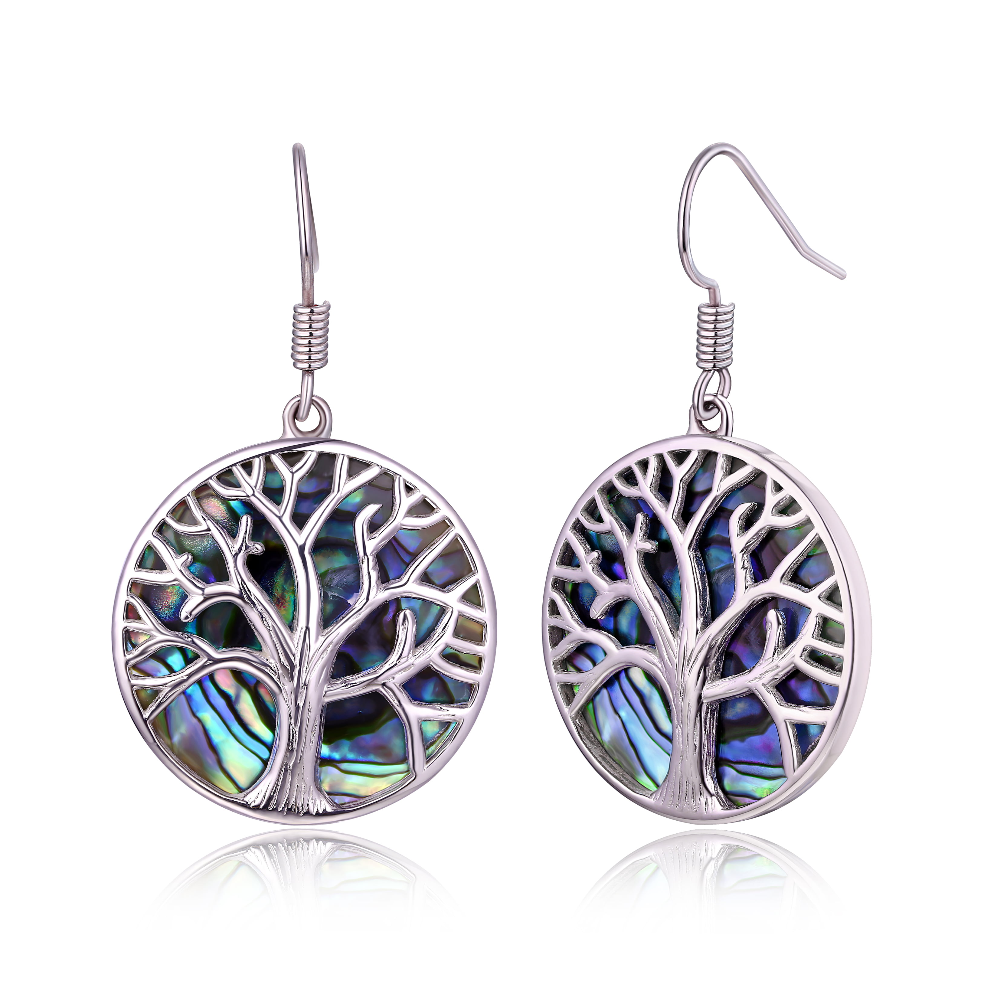 Round Dangling Tree of Life Earrings 925 Sterling Silver Fish Hook Choose Color 