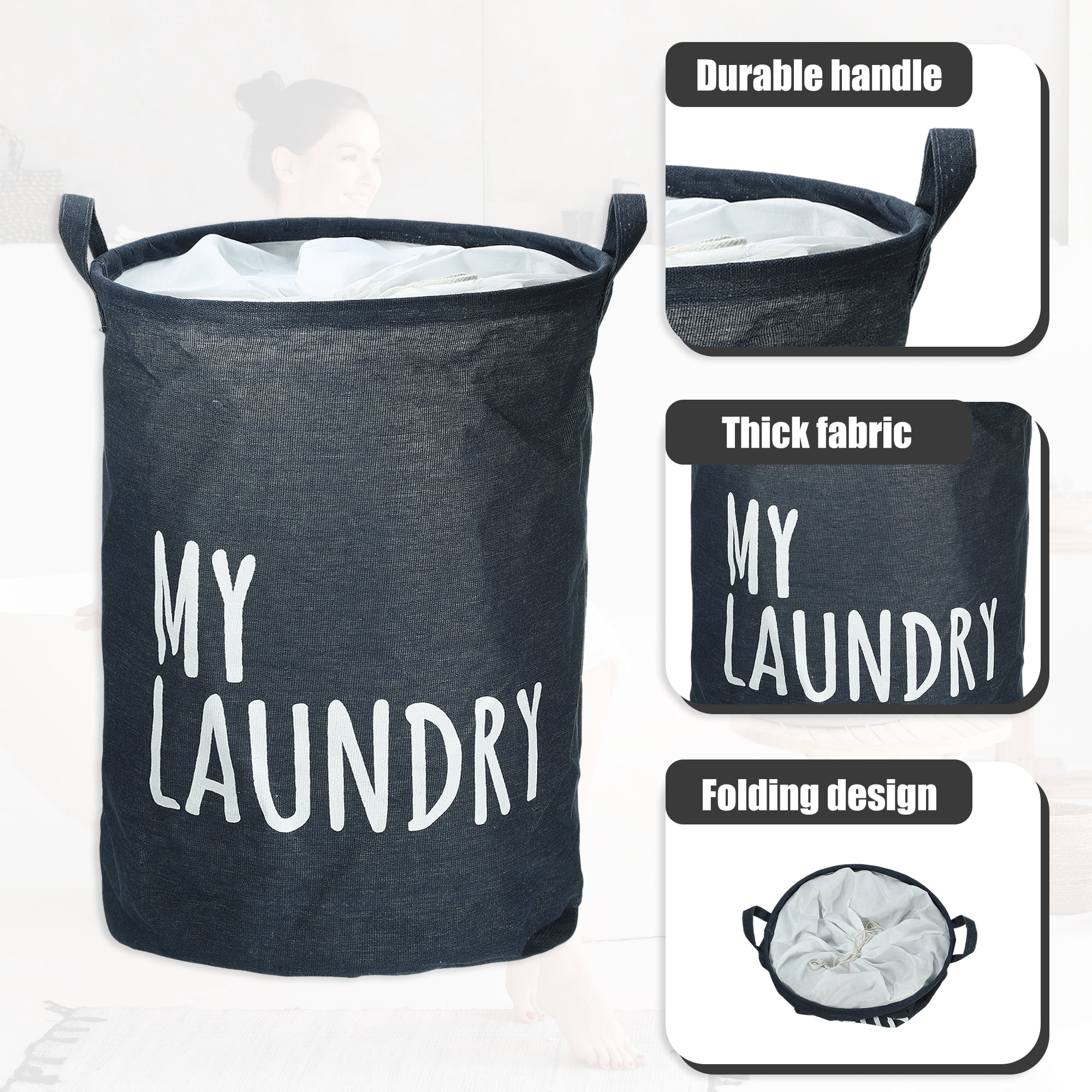 Unique Bargains Foldable Laundry Basket with Handle 1 Pc Navy Blue-15.75"x19.69"