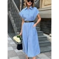 thumbnail image 6 of Women's Button Down Belted Cotton Linen Maxi Dresses Sleeveless Long Pockets Shirt Dress Blue S, 6 of 7