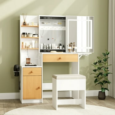 Anrist Makeup Vanity Set with Mirror LED &Charging Station,Vanity Desk with Drawers,Jewelry Cabinet and Stool for Bedroom, White&Oak