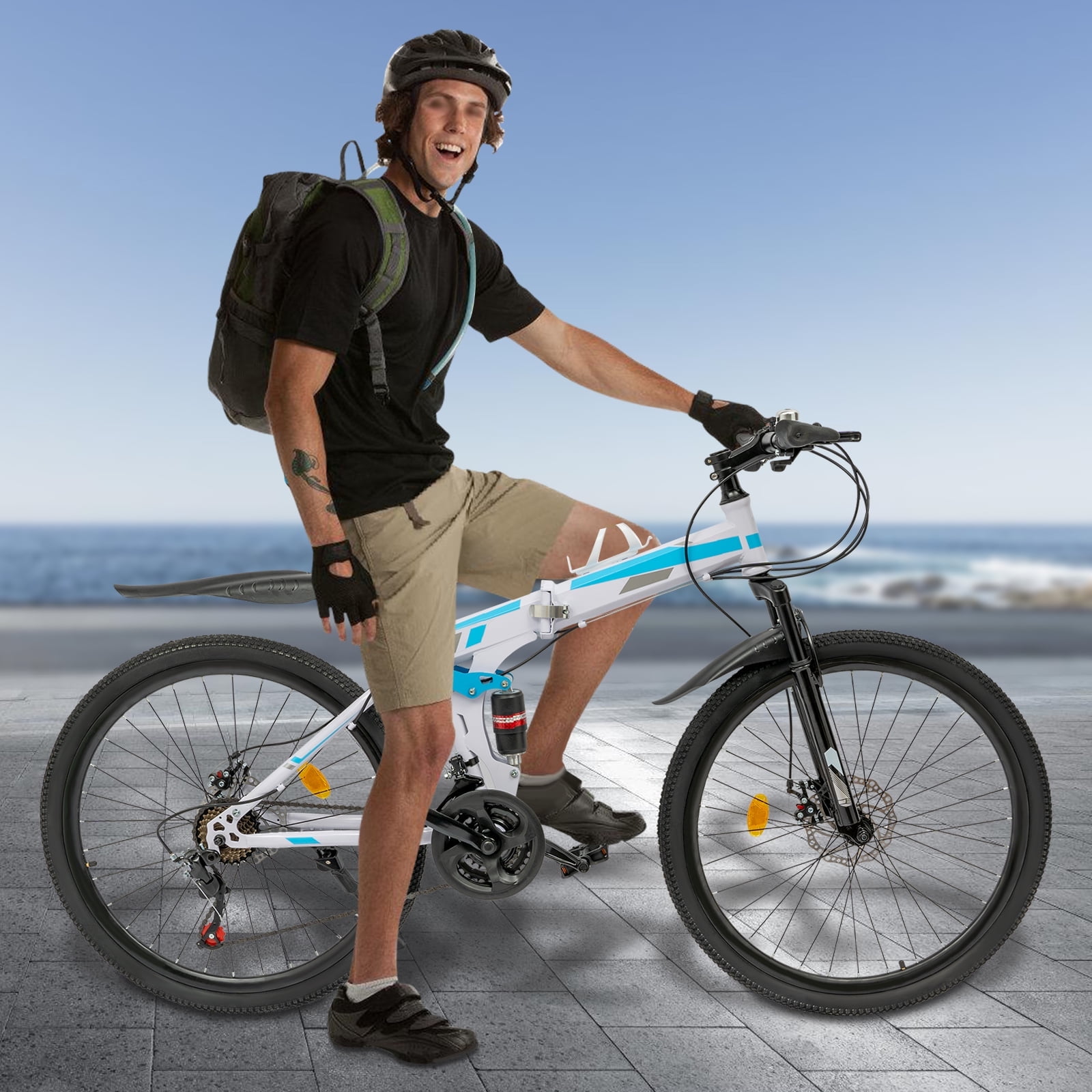 ChicHomey 26" Folding Mountain Bike-- 21-Speed (3x7 Gears),264.5lbs Max Load,Dual Disc Brakes & Anti-Slip Tires for Urban/Outdoor Cycling,Blue&White