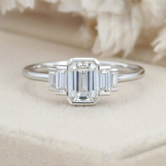 Oryn Jewelry Half Bezel Set Emerald Cut 1.5 Ct Moissanite Band - 14K White Gold Plated Five Stone Wedding Ring - Custom Jewelry Gift for Her - Engagement Ring