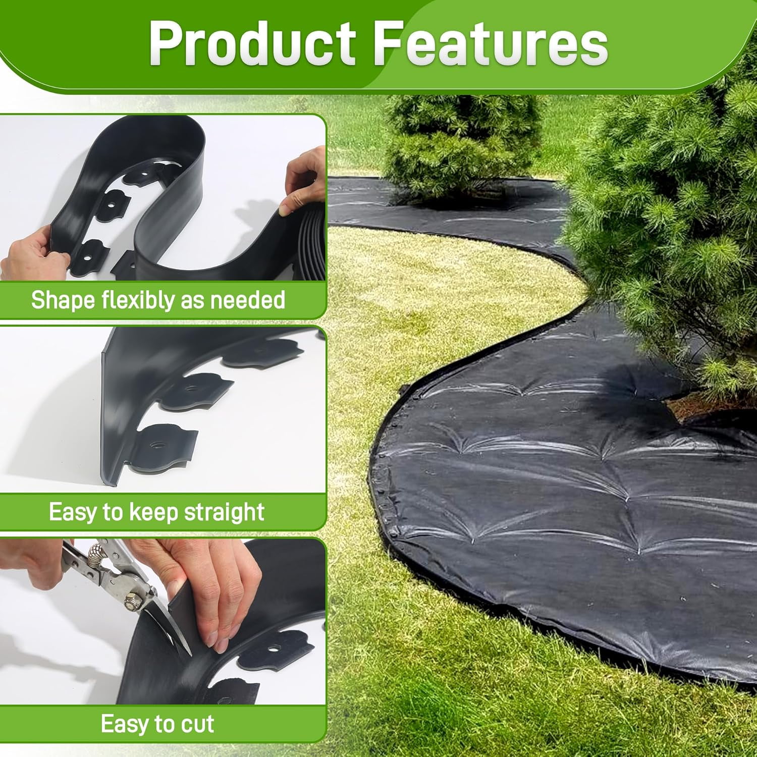 No Dig Landscape Edging Kit 60FT - Heavy Duty 2in Tall Black Garden Border with 72 Spikes | Easy Install Flexible Edging for Lawn & Flower Bed