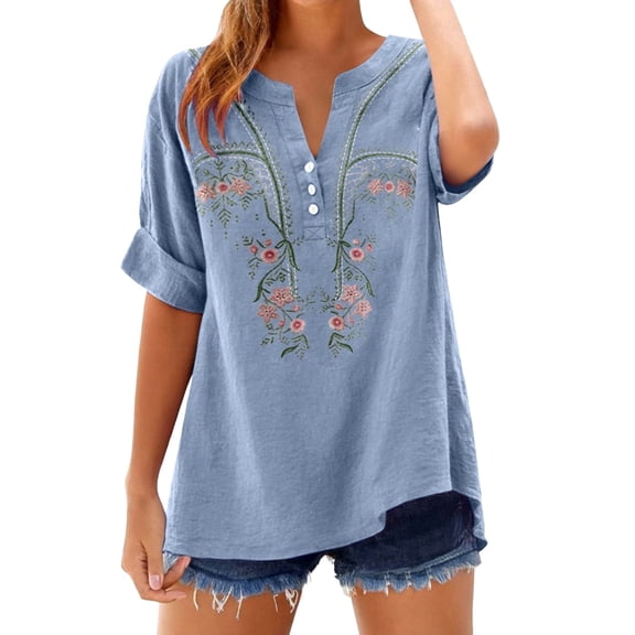 BODOAO Womens Elbow-Length Boho Tops Boho Fashion Lightweight Ethnic Style Retro Embroidered Tops Tunic Tops Mexican Shirt Business Work Blouses V Neck Shirts Loose Fit Blouses Beach Cotton Tops Xl
