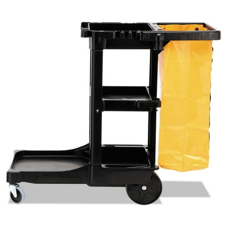 Rubbermaid Commercial Housekeeping 3-Shelf Janitor Cart with Zippered Yellow Vinyl Bag, Black