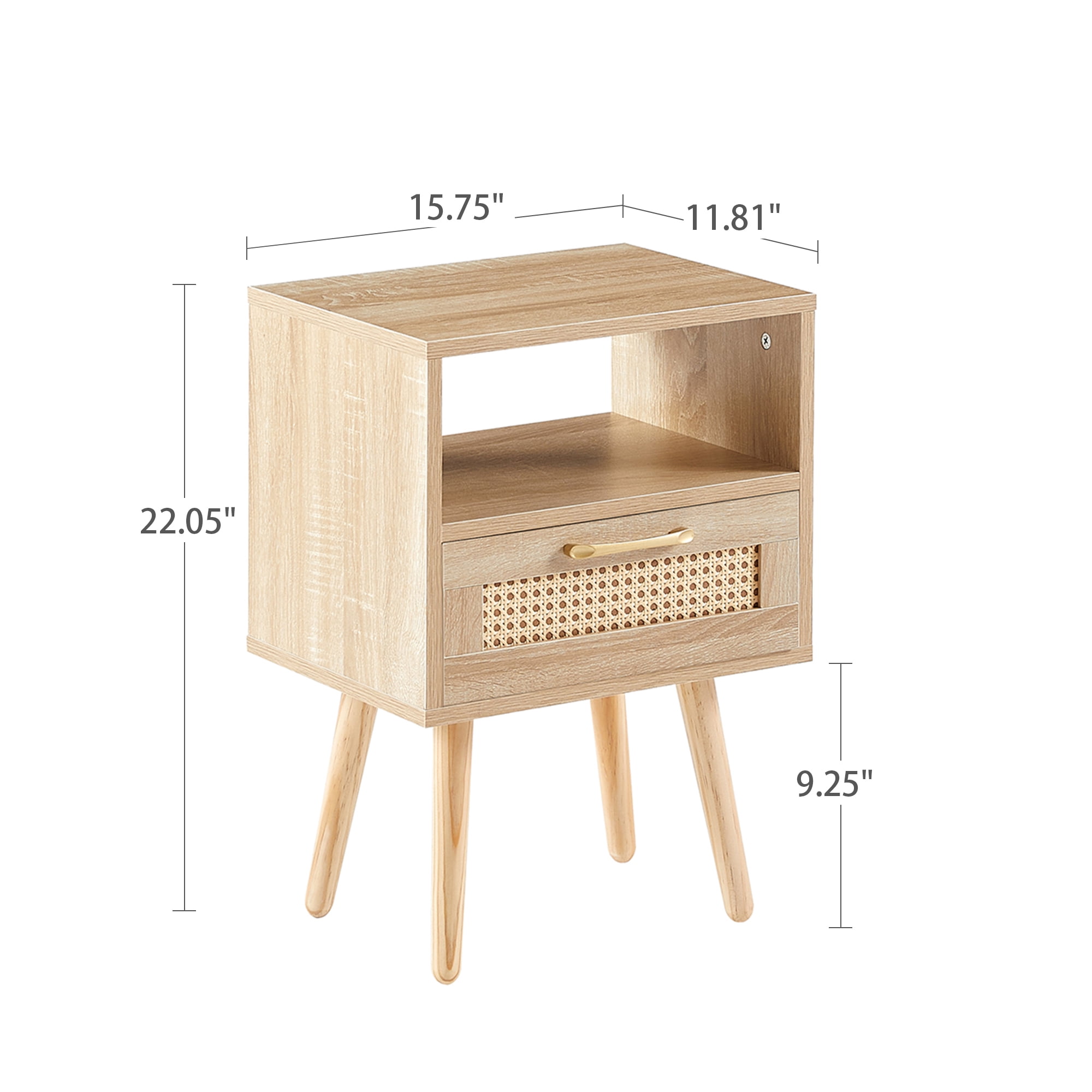 Kepooman Rattan Nightstand, 15.75" Bedside Table with Drawer and Solid Wood Legs, Wood End Table for Bedroom, Natural Kepooman Rattan Nightstand, 15.75" Bedside Table with Drawer and Solid Wood Legs, Wood End Table for Bedroom, Natural