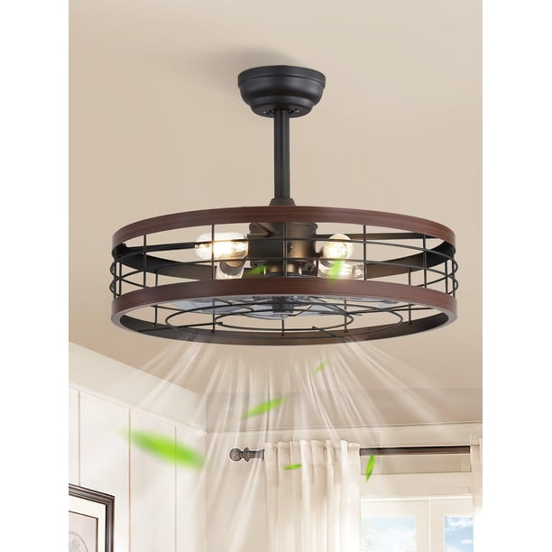 Ventilador de Techo LEDIARY con Jaula y Luz, 56 cm, Control Remoto de 6 Velocidades, Nogal