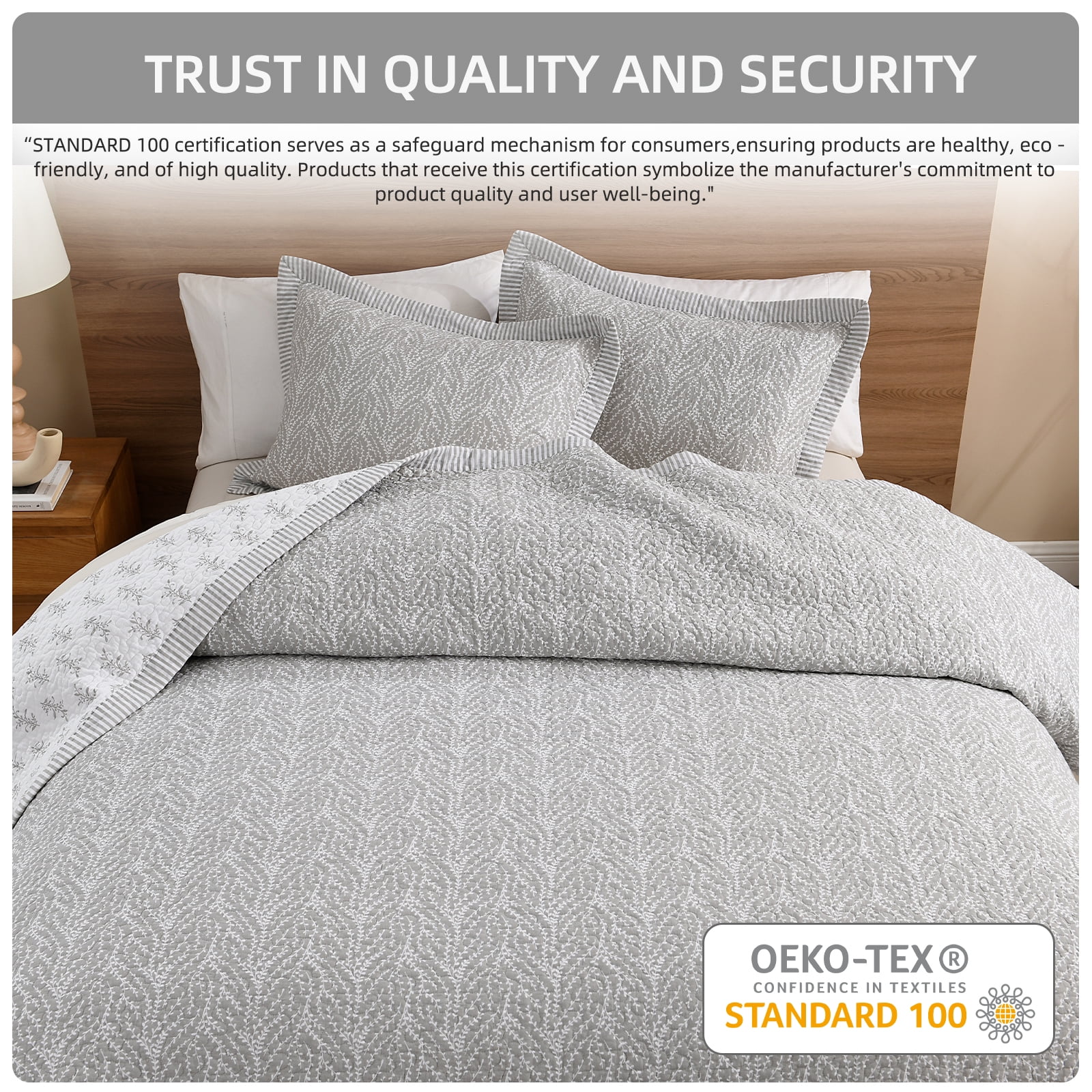 PANGUSHAN 100% Cotton King Quilt Set, Farmhouse King Size Quilt Bedding Set Bedspreads, Reversible Botanical Patterns Quilted Lightweight Comforter, Gray/White Bed Spread for King Bed