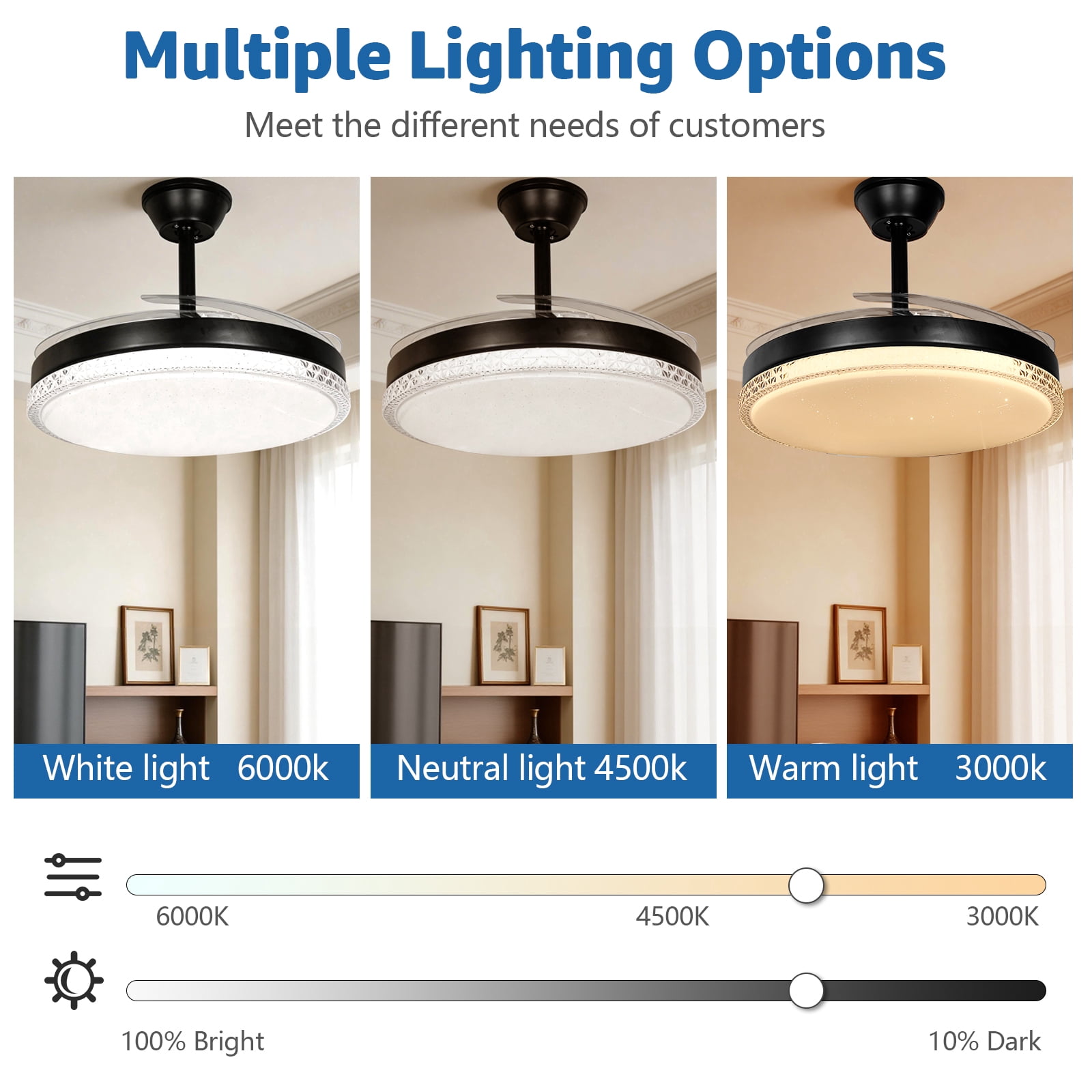 RJFKSNC 42" Retractable Ceiling Fan with Light,Acrylic chandelier, Dimmable LED 3000K-6500K, 6 Speeds, Reversible Motor, Remote & APP Control, for Living Room Bedroom Dining Room
