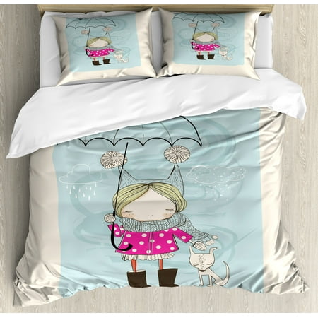 Kids Queen Size Duvet Cover Set, Little Girl Illustration in Winter Clothes Umbrella and a Cute Dog in Rainy Weather, Decorative 3 Piece Bedding Set with 2 Pillow Shams, Multicolor, by