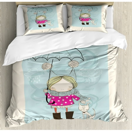 Kids Queen Size Duvet Cover Set, Little Girl Illustration in Winter Clothes Umbrella and a Cute Dog in Rainy Weather, Decorative 3 Piece Bedding Set with 2 Pillow Shams, Multicolor, by (Best Shoes For Rainy Weather)